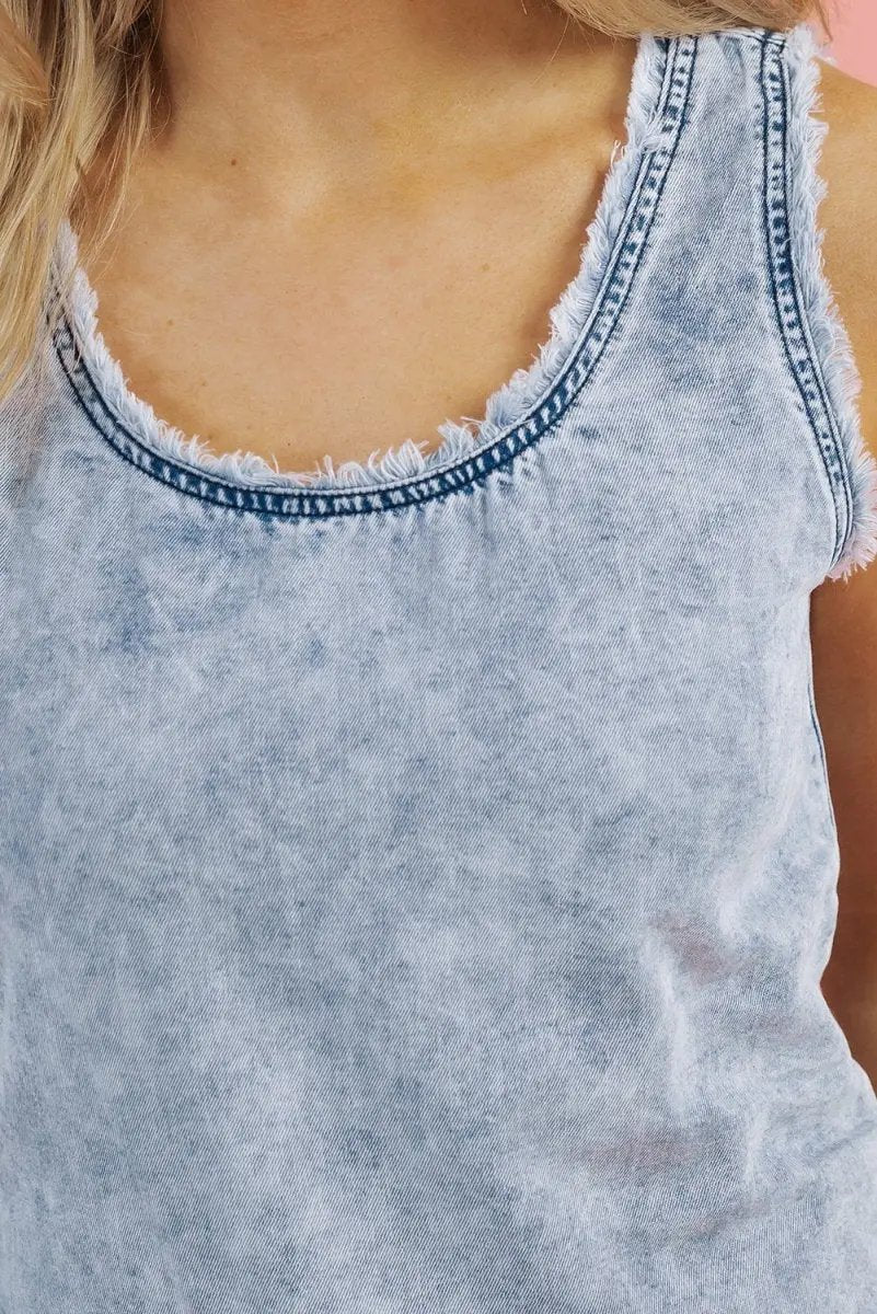 Love Salve Beau Blue Mineral Wash Denim Frayed U Neck