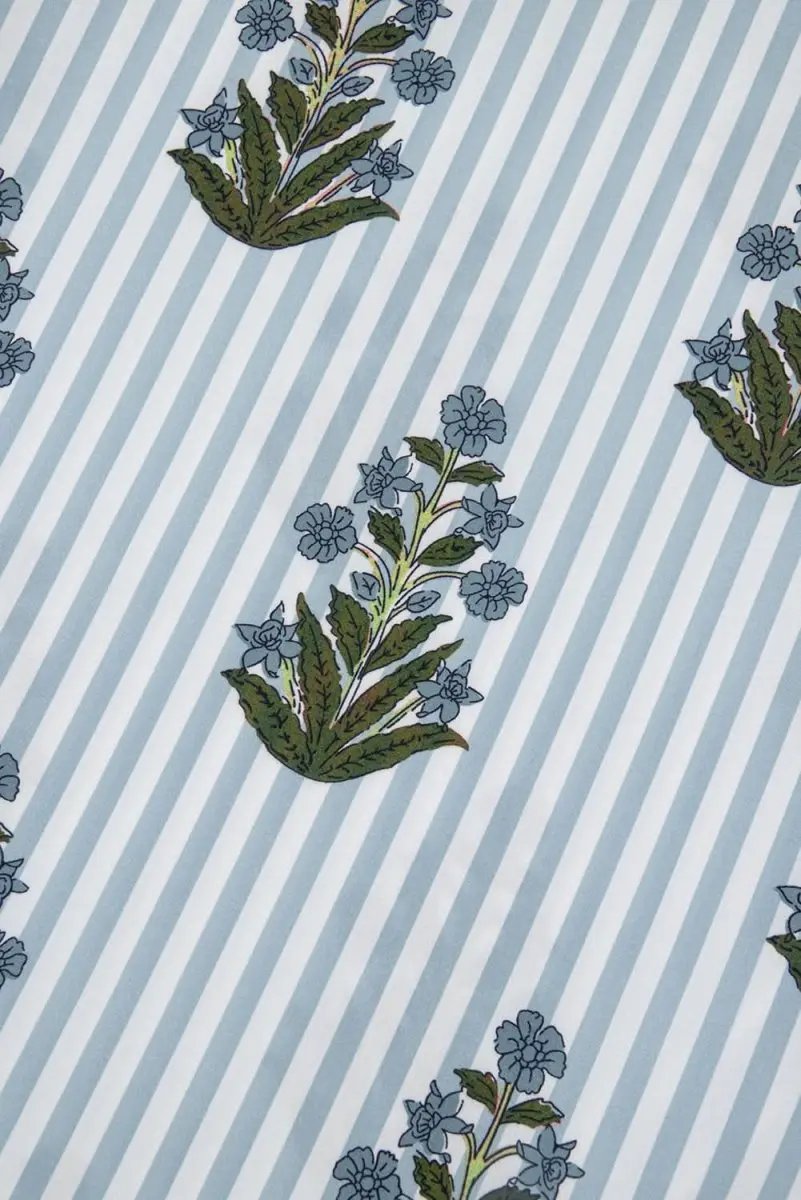 Love Salve Beau Blue Striped Floral Printed Long Sleeve