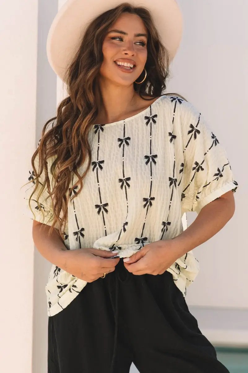 Love Salve Beige Bow Print Puff Short Sleeve Top for Women