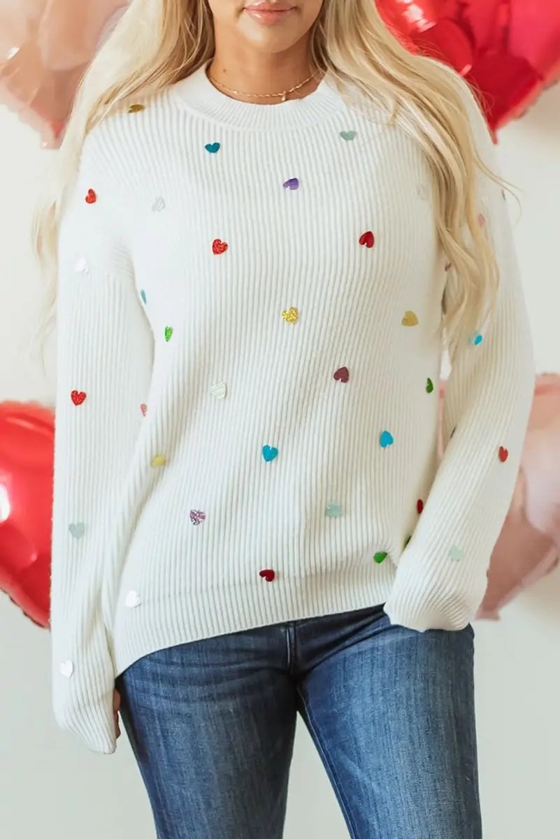 Love Salve Beige Heart Sequin Waffle Knit Sweater with