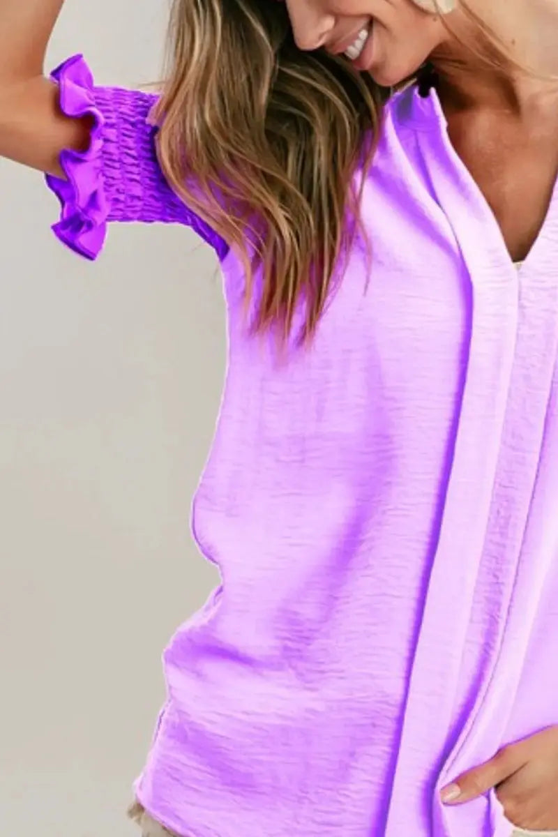 Trendsi BiBi Color Block Top Women's Casual V-Neck Puff Sleeve Shirt USA Ship