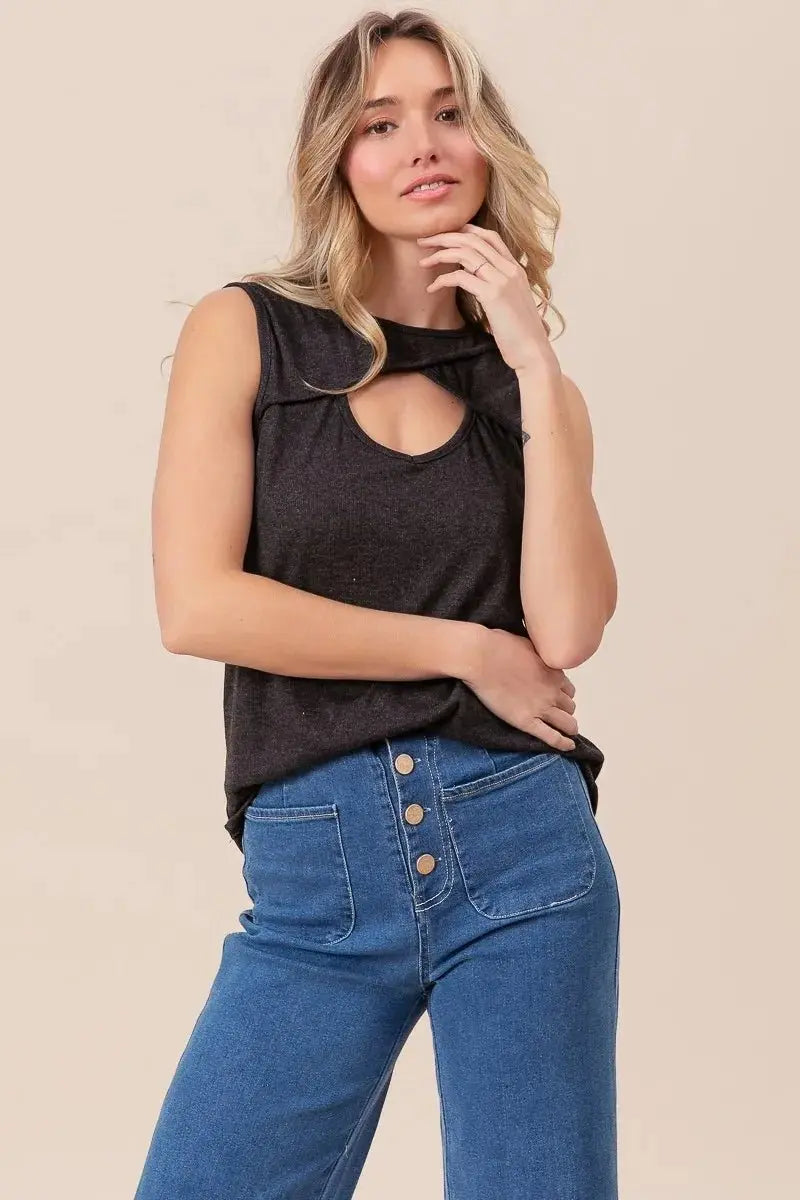 Trendsi Rib Knit Cut Out Top Women's Casual Sleeveless Tank Top - USA Ship