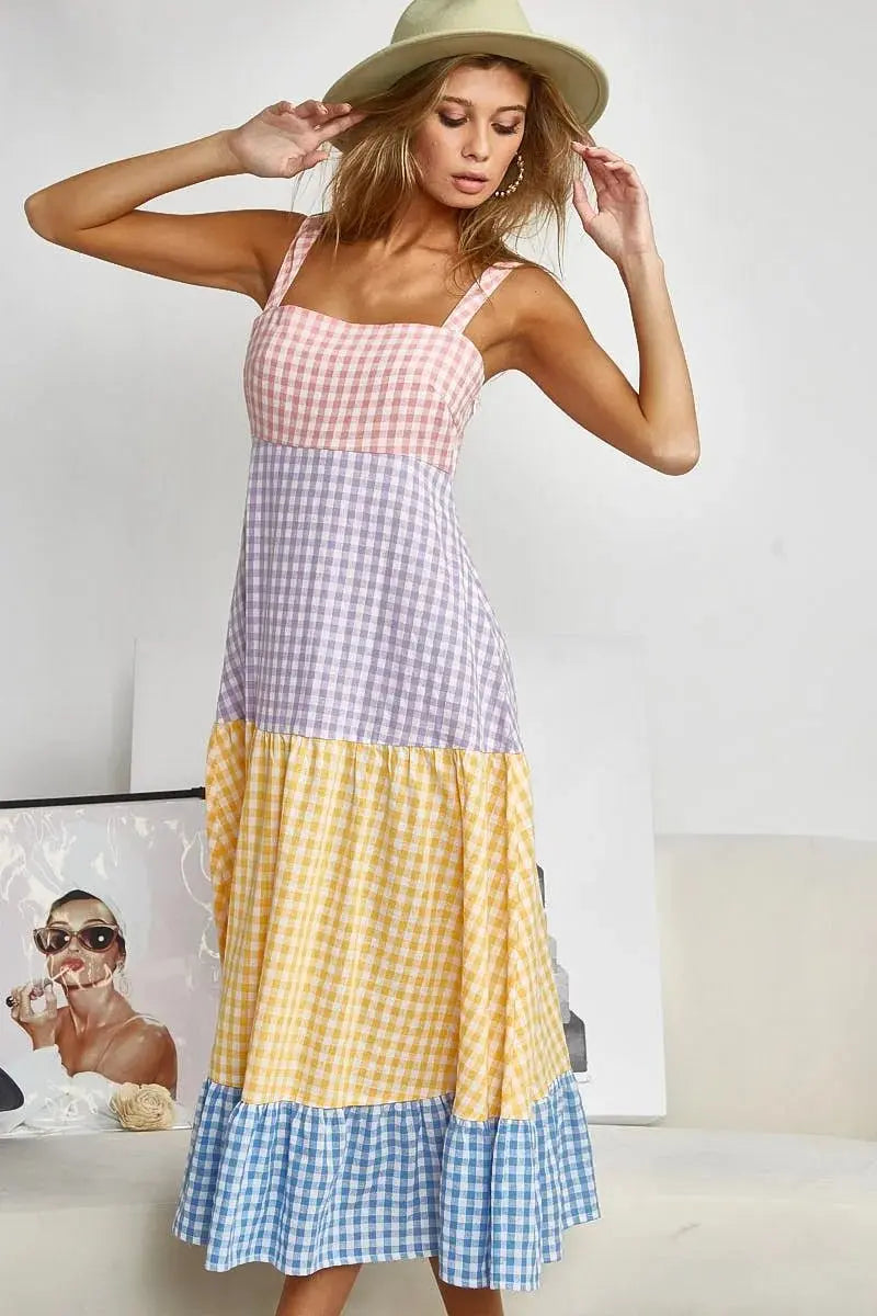 Trendsi Gingham Dress Color Block Women's Summer Casual Dress Tiered, Fun