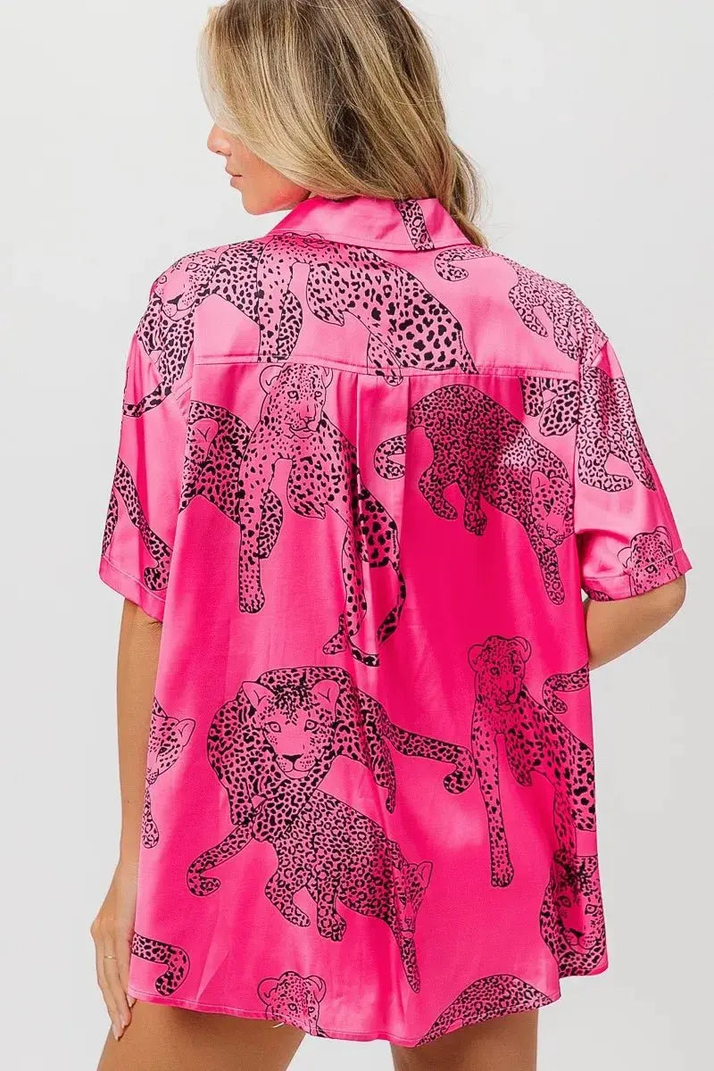 Trendsi Leopard Print Shirt Women's Casual Silky Satin Top - Short Sleeve, USA Ship