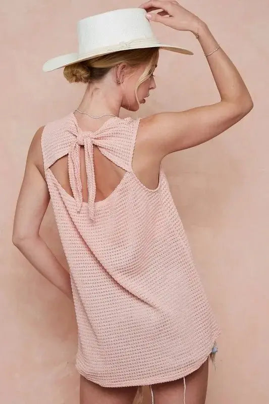 Tank Top - Popcorn Texture Open Back Tied Ribbon - Chic Casual