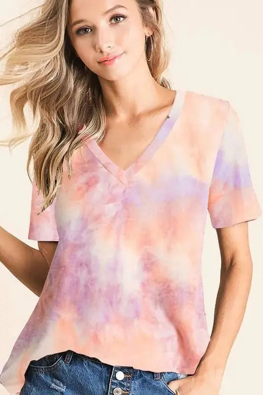 Trendsi Tie Dye Terry V-Neck Women's Casual Top: Soft & Trendy T-Shirt