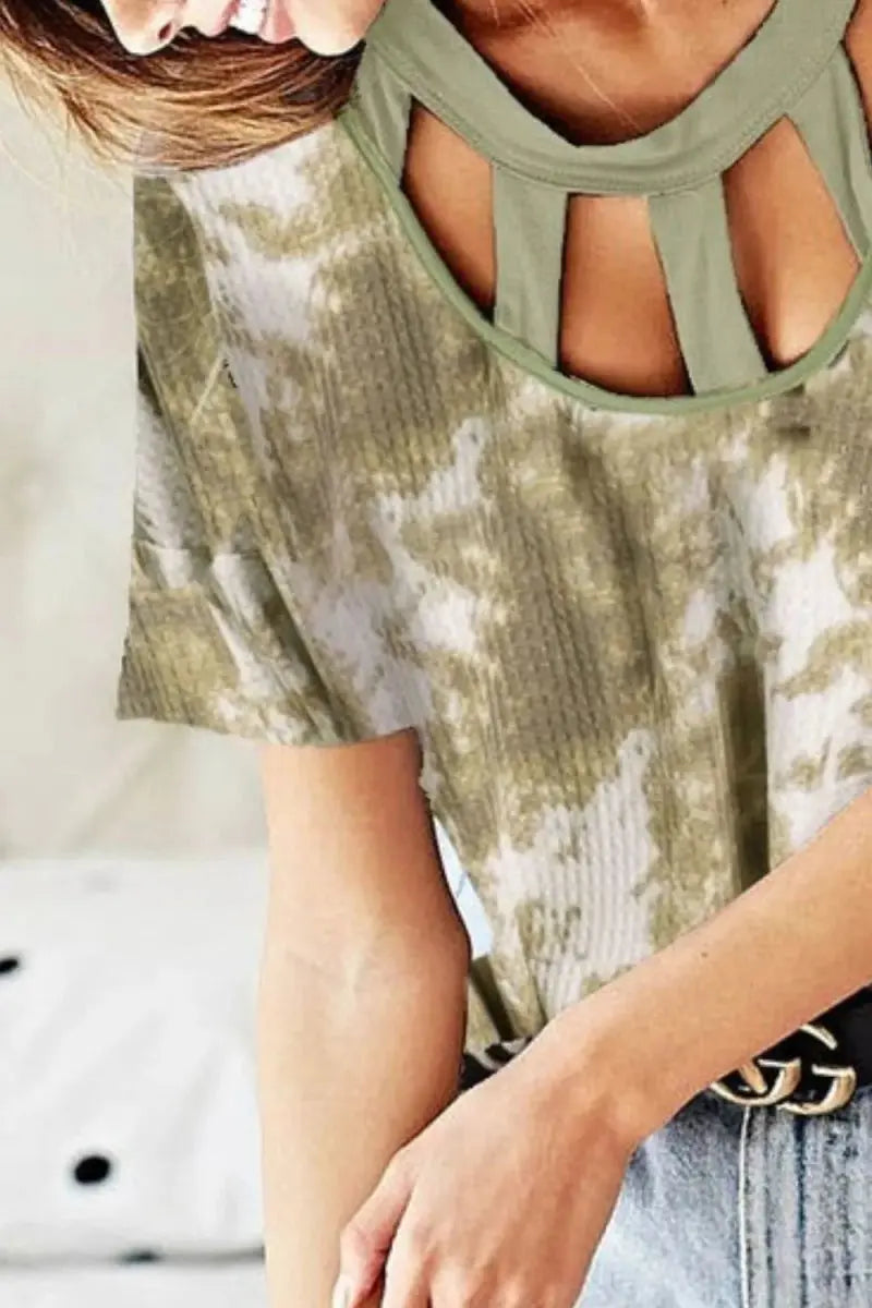 Trendsi Tie Dye Waffle Top Women's Casual T-Shirt Contrast Neck Cute