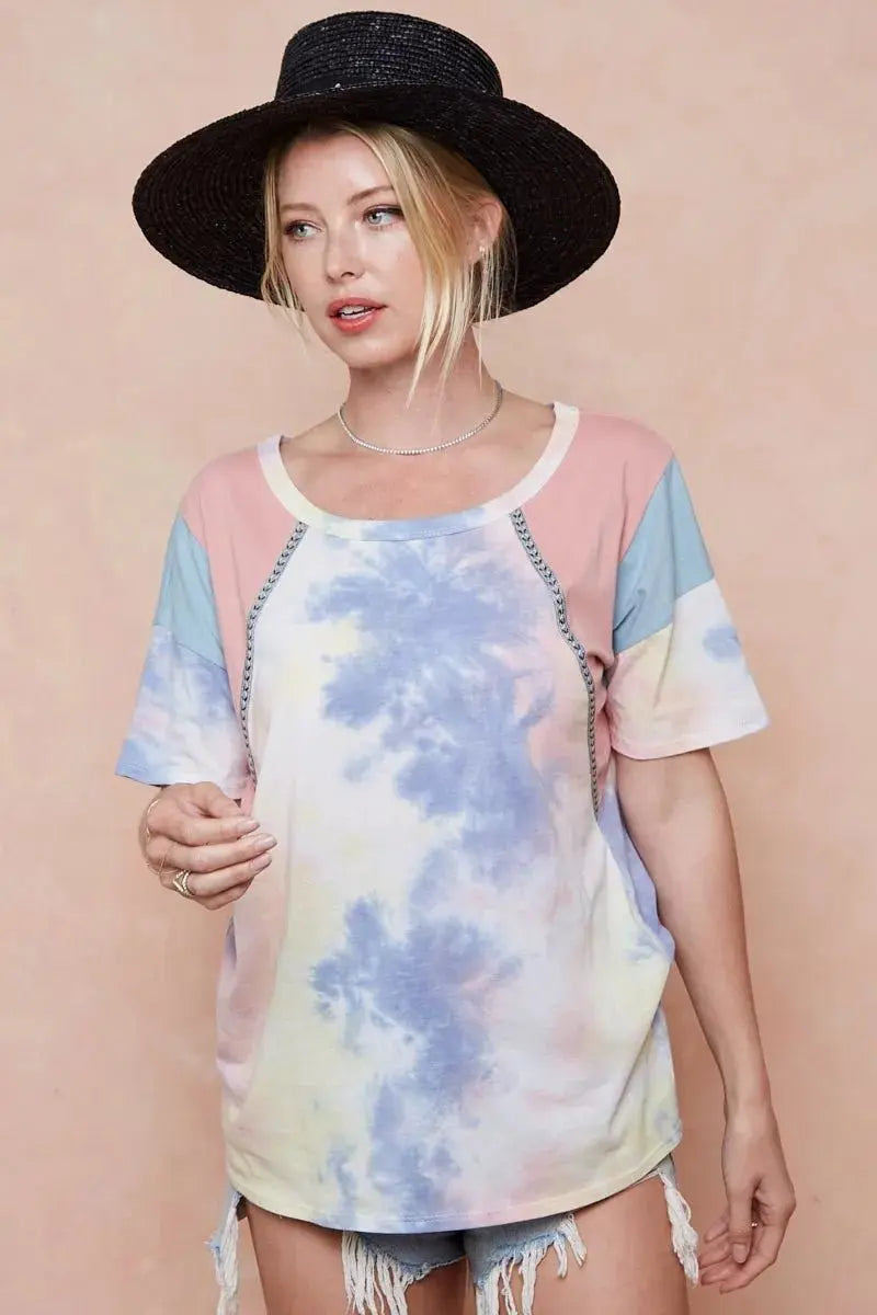 Trendsi Tie Dye Color Block Women's T-Shirt USA Shipped Cotton Tee