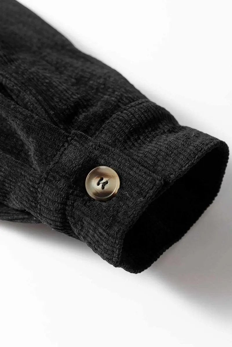 Love Salve Black Corduroy Shacket Women's Daily Casual Top: Flap Pockets, Button Up