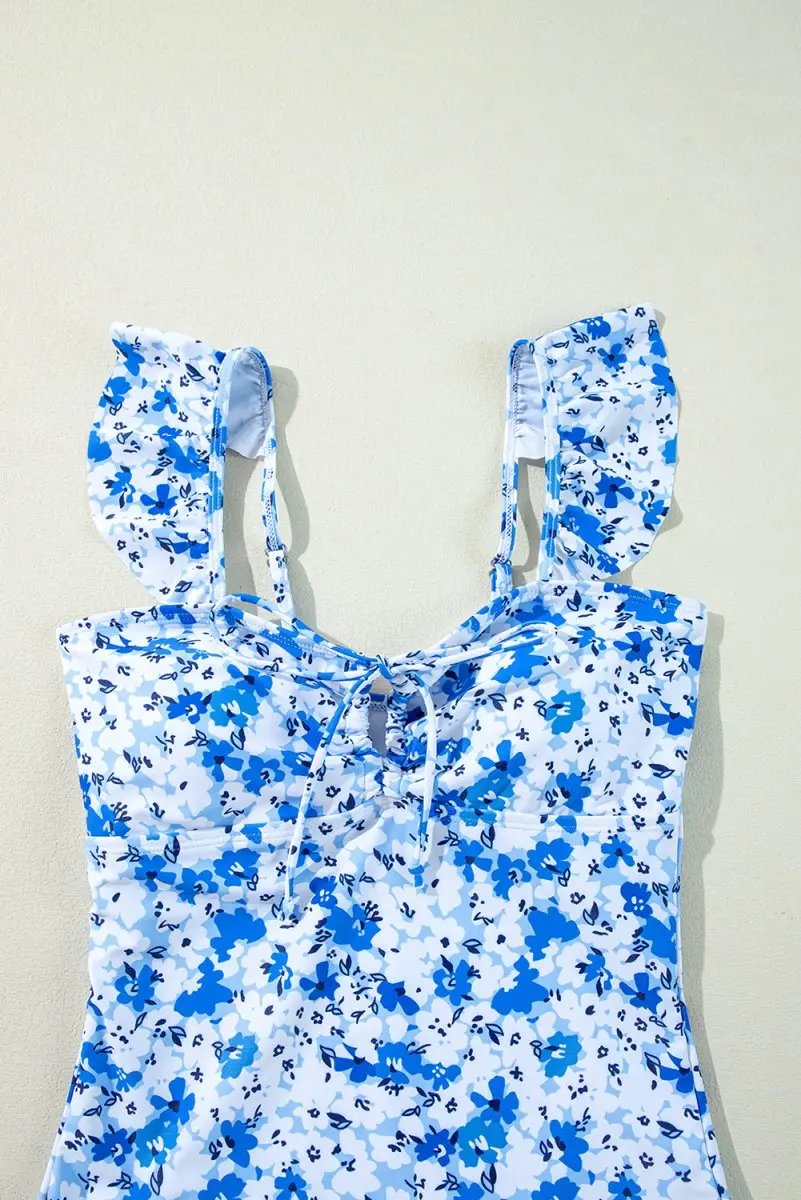 Love Salve Blue Floral One-Piece Women's Swimsuit: Vacation Ready, Ruffled Lace-Up