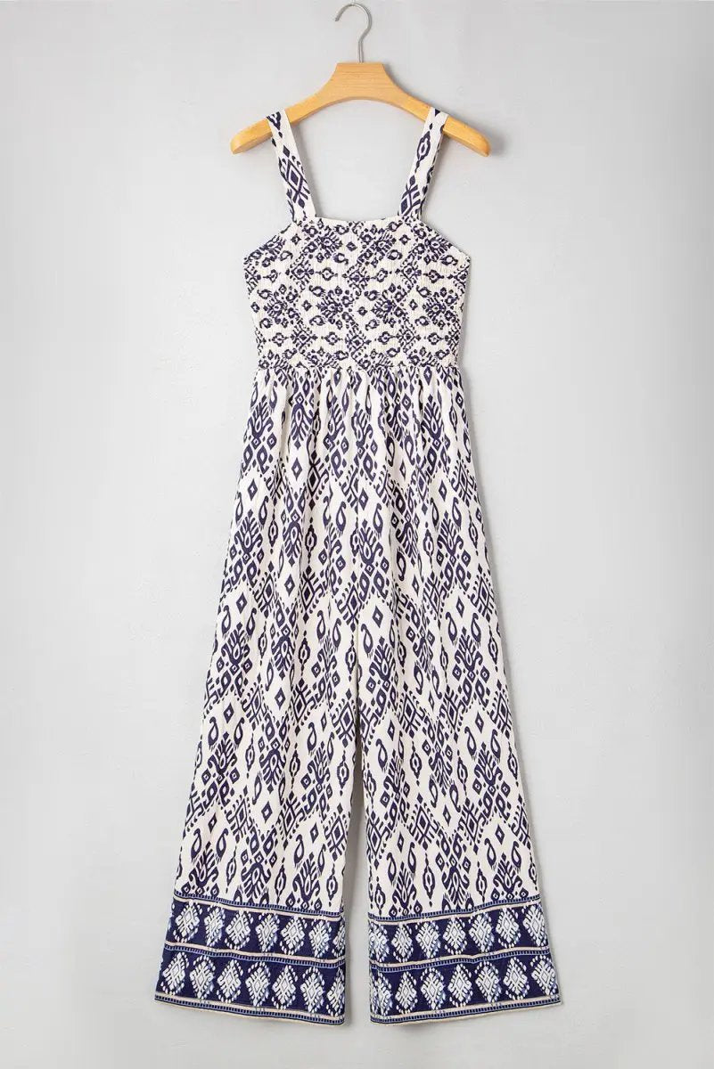 Love Salve Blue Boho Jumpsuit Women's Vacation Summer Wide Leg - Shirred, High Waist