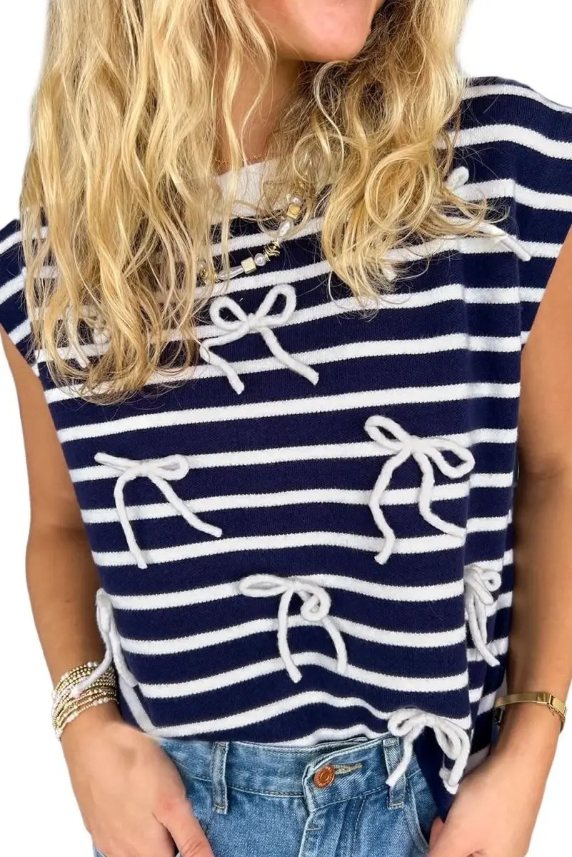 Love Salve Blue Stripe Knit Women's Sweater Vest Daily Wear Southern Belle Style Sleeveless Top