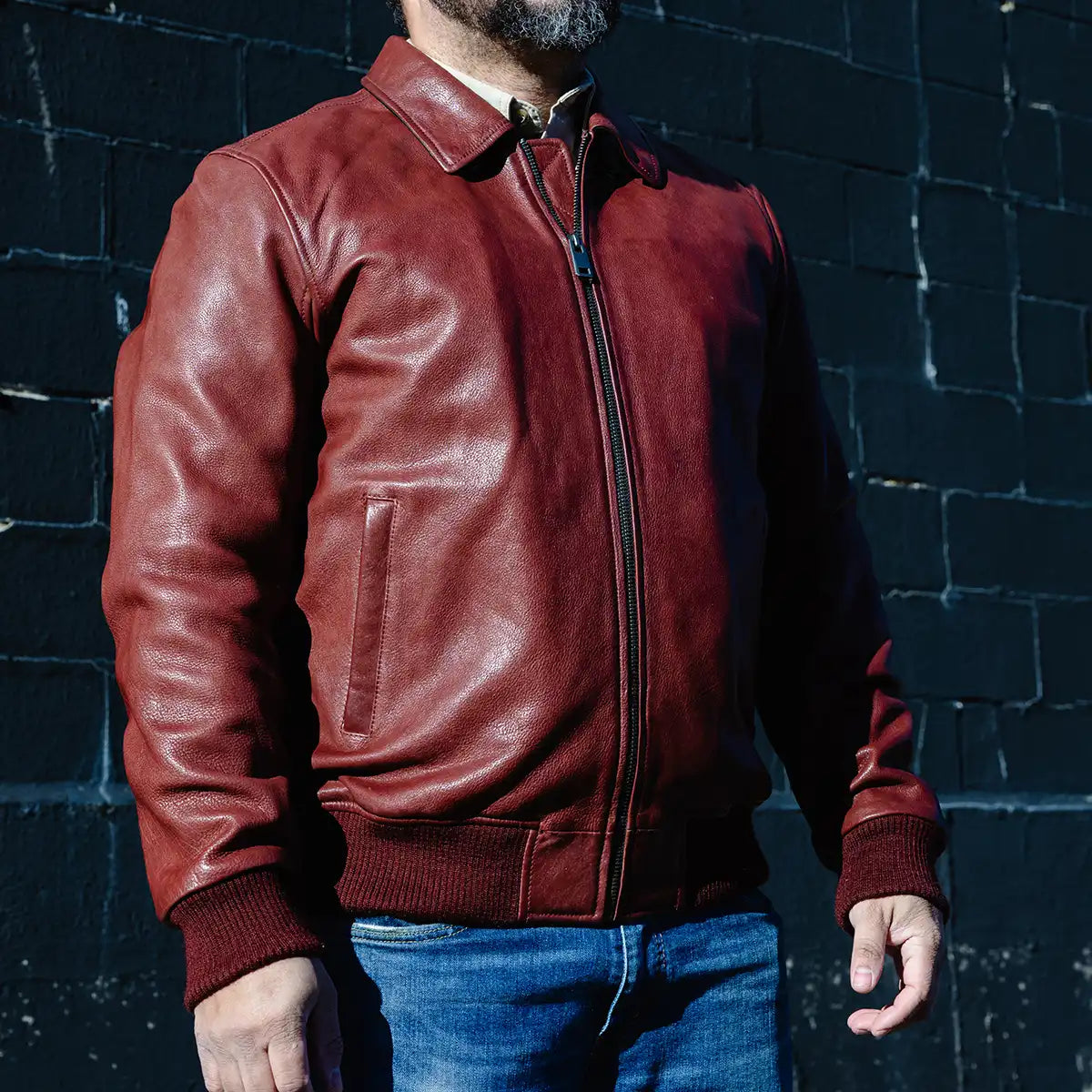 Moto Bomber - Men's Leather Jacket Cognac and Oxblood