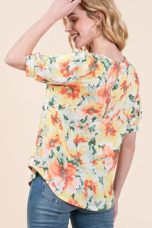 Trendsi Floral Puff Sleeve Top Women's Casual Cute Shirt Chic Blouse