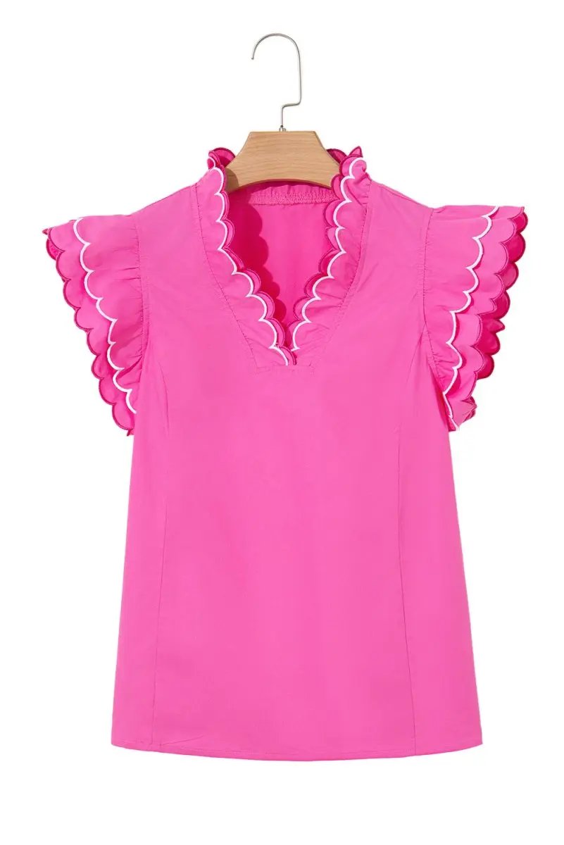 Love Salve Pink Scallop Blouse Women's Daily Southern Belle Top Ruffle Sleeve V Neck
