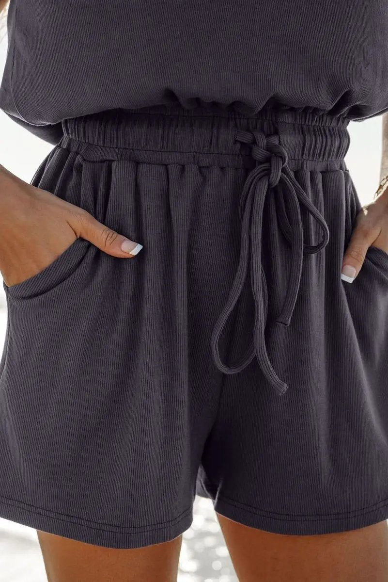 Love Salve Black Knit Romper Women's Daily Wear Casual Summer One-Piece Open Back, Drawstring