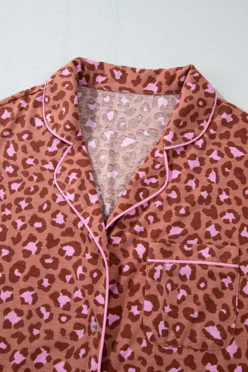 Love Salve Brown Leopard Pajama Set Women's Loungewear Comfy Sleepwear