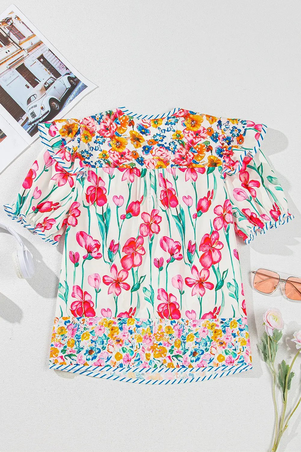 Women's Blouse - Floral Print & Striped Trim - Southern Belle Style