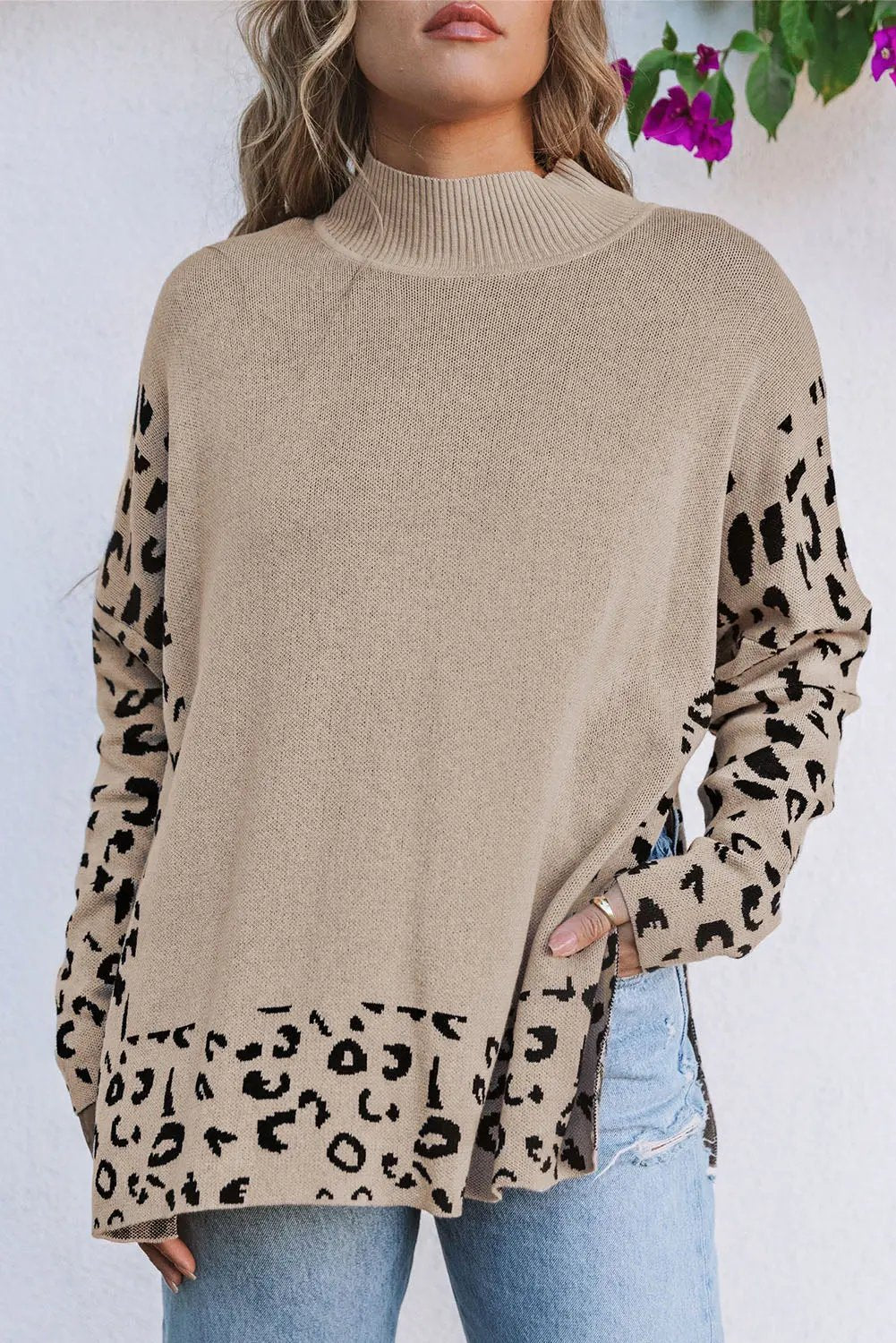 Women's Sweater - Leopard Print High Neck Side Slit - Oversized Daily