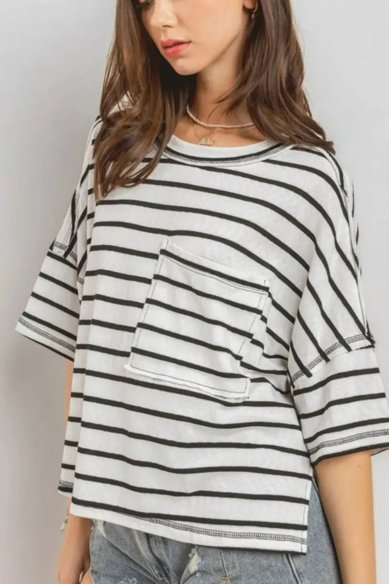 Trendsi Striped Tee Women's Casual Top USA Shipped T-Shirt Soft, Side Slit