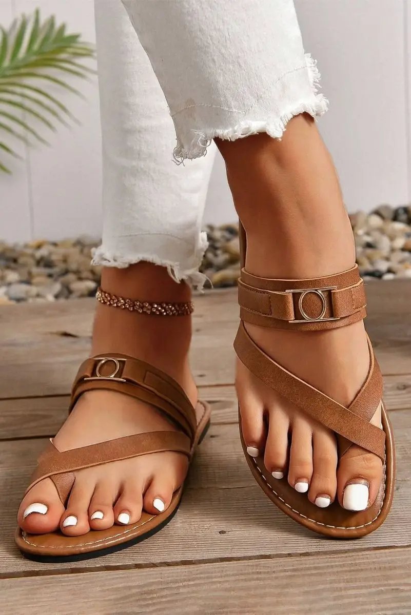 Love Salve Chestnut Leather Slippers Women's Casual Flats Cross Toe Buckle Comfort