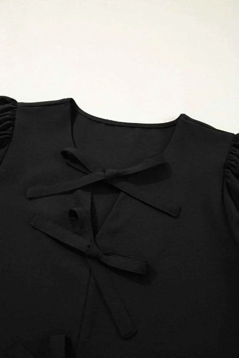 Love Salve Black Peplum Blouse Women's Daily Top Puff Sleeve Bowknot Detail