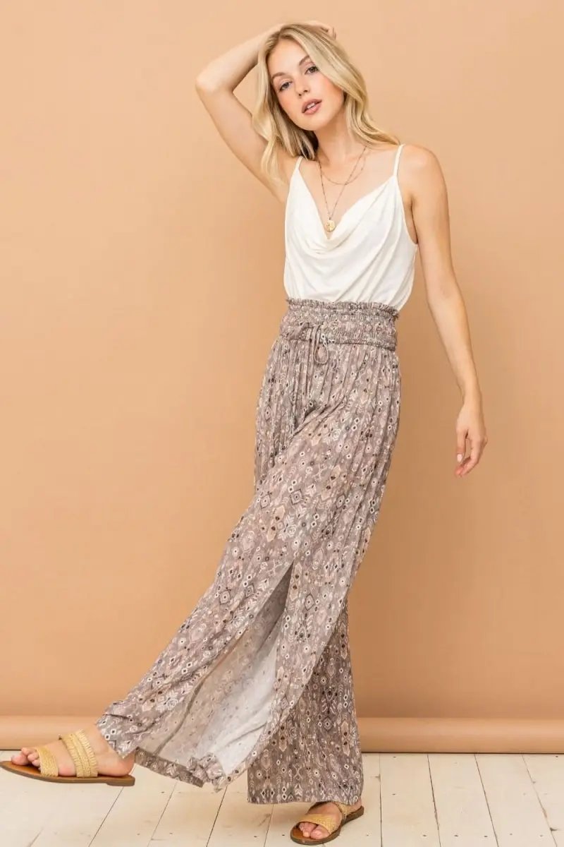 Trendsi Printed Pants Women's Casual Wide Leg Slit Pants Comfy Smocked Waist