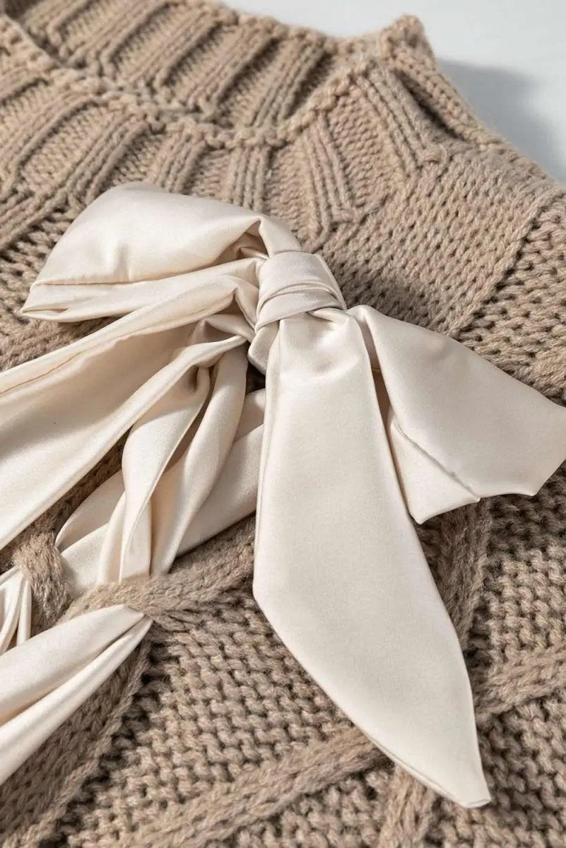 Love Salve Taupe Colorblock Sweater Women's Fall Fashion Cable Knit Satin Bow Top