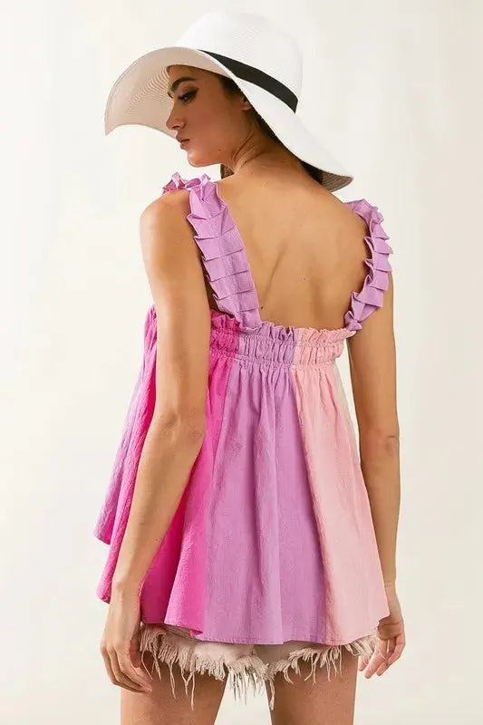 Women's Top - Color Block Bodice & Frill Straps - Tank Cami