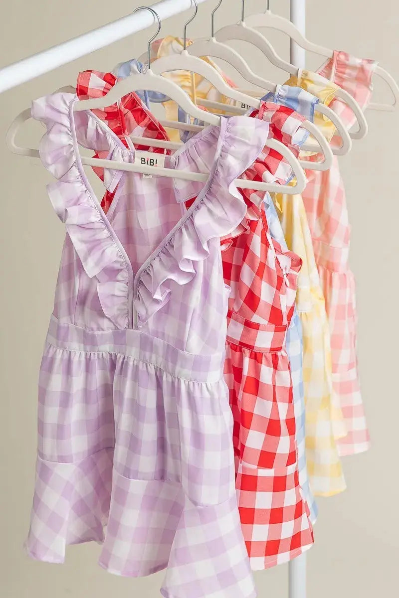 Plaid Top - Sleeveless Ruffled - Peplum Tank