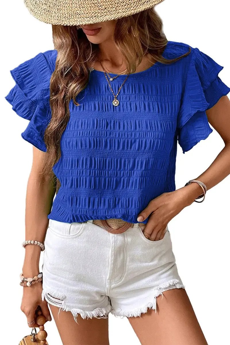 Love Salve Dark Blue Ruffle Sleeve Women's Top Elegant Casual Wear Textured