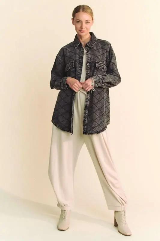 Trendsi Denim Shacket Women's Everyday Diamond Quilted Button Up Jacket