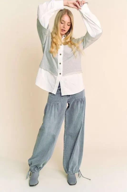 Trendsi Faux Layered Top Women's Casual French Terry Pullover Comfy Fit Shirt