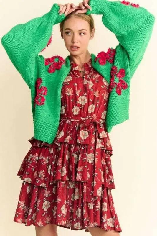 Trendsi Floral Applique Cardigan Women's Open Front Layering Lightweight Knit