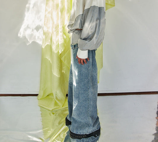 DAWANG Jun Wide-Leg Denim and Brocade Patch Jeans, view 2