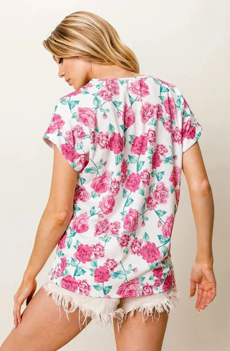 Women's Tee - Rose Print & Crochet Lace - Soft Casual Top