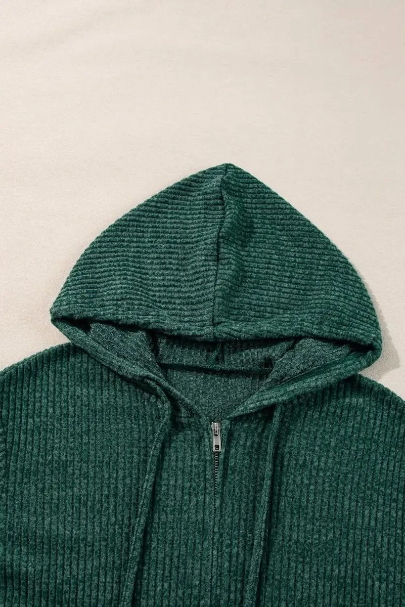 Love Salve Ribbed Green Hoodie Daily Wear Women's Zip-Up Drawstring Casual