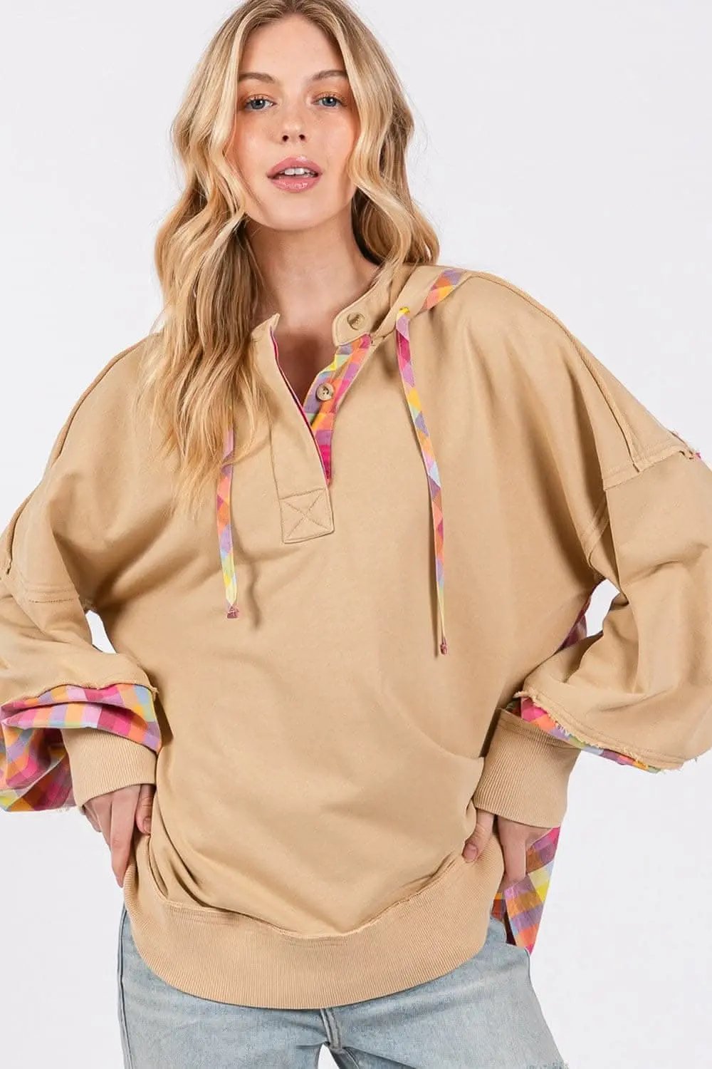 Trendsi SAGE+FIG Plaid Hoodie Women's Casual Comfy Washed Pullover