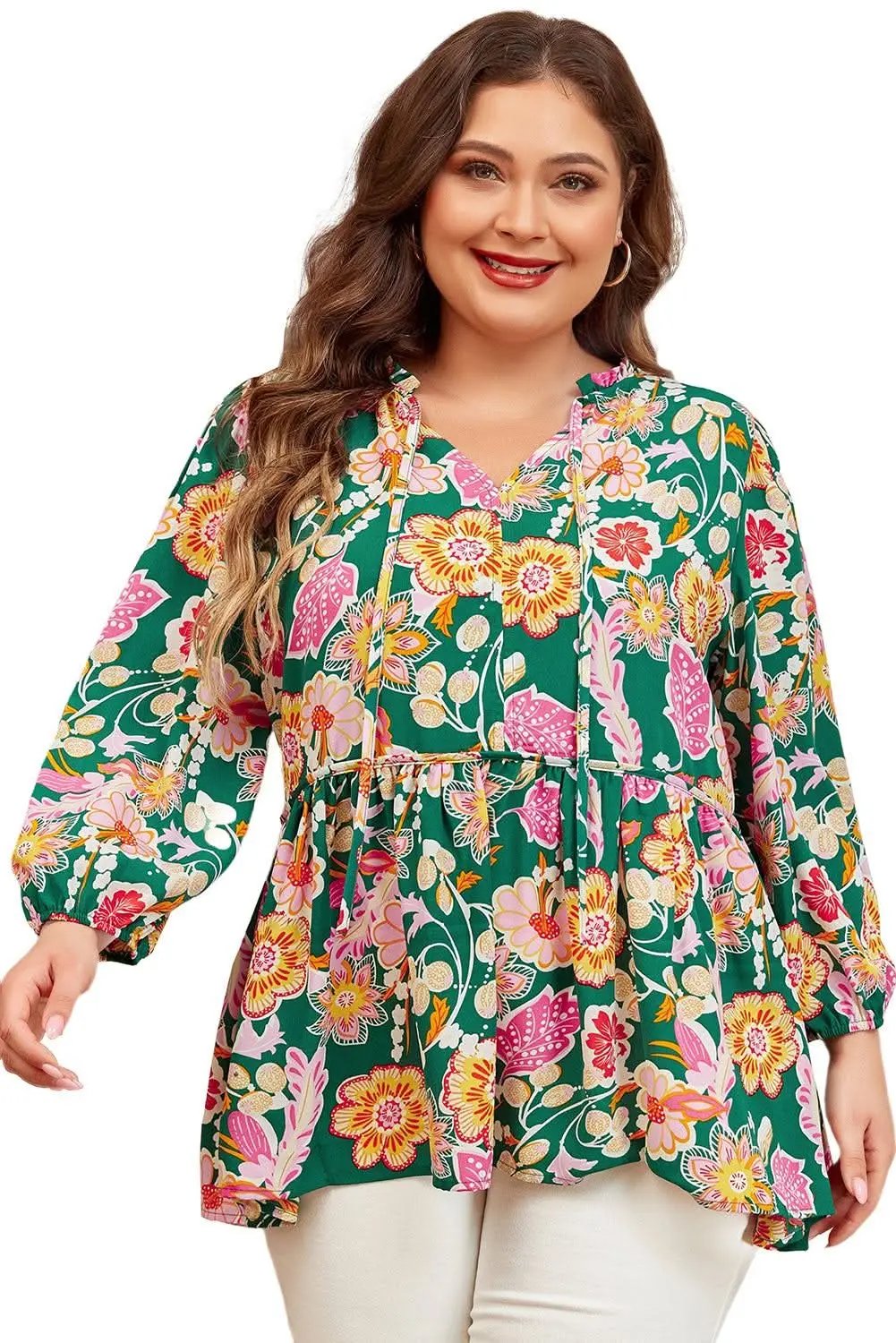 Love Salve Green Floral Plus Size Women's Babydoll Top: Elegant & Flattering