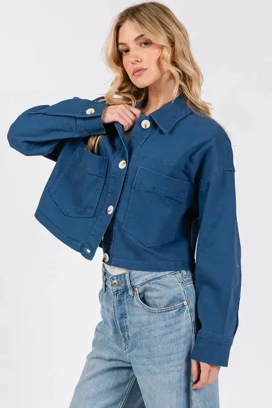 Denim Jacket - Cropped Button Down with Pockets - Women's Casual