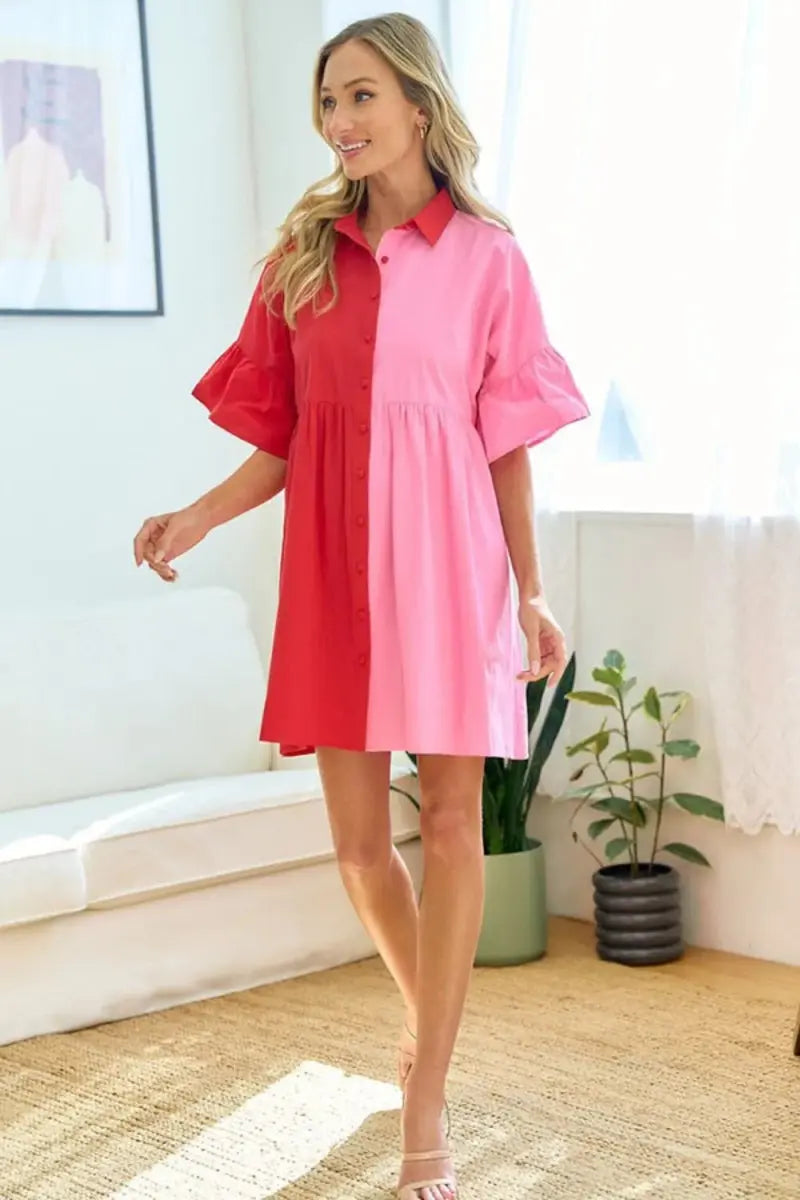 Babydoll Mini Dress - Color Block Button Down - Casual & Flattering