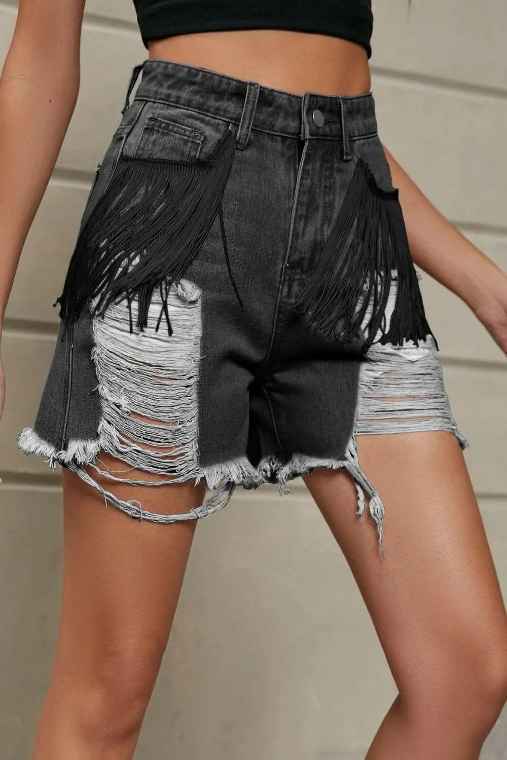 Trendsi Fringe Vintage Denim Shorts Women's Summer Casual, Trendy
