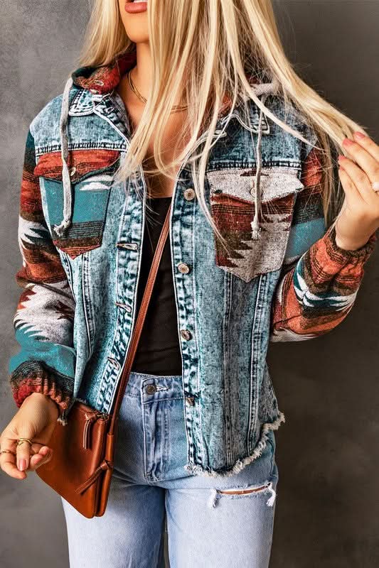 Denim Jacket - Geometric Print & Frayed Hem - Modern Chic Style