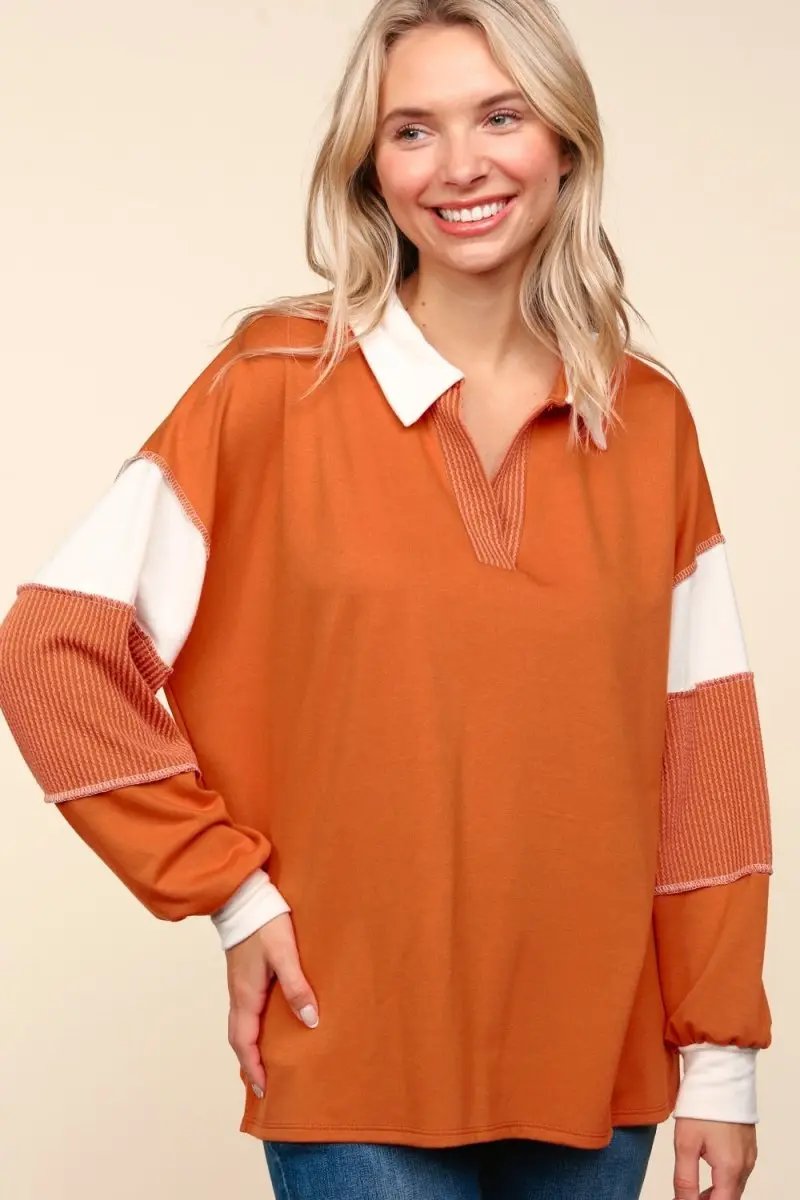 Trendsi Color Block Top Women's Casual Long Sleeve Shirt USA Shipped!
