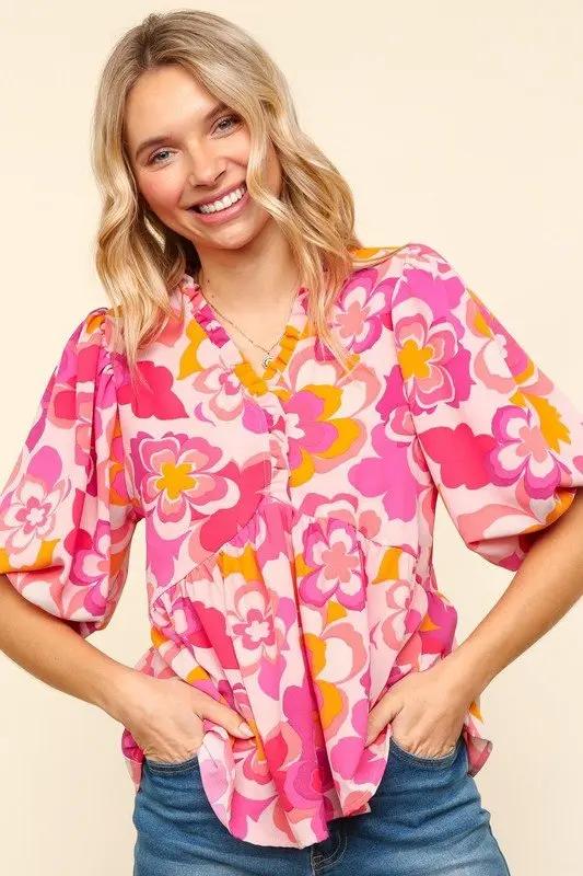 Trendsi Floral Puff Sleeve Blouse Women's Casual Top - Haptics Shirt, Frill Detail