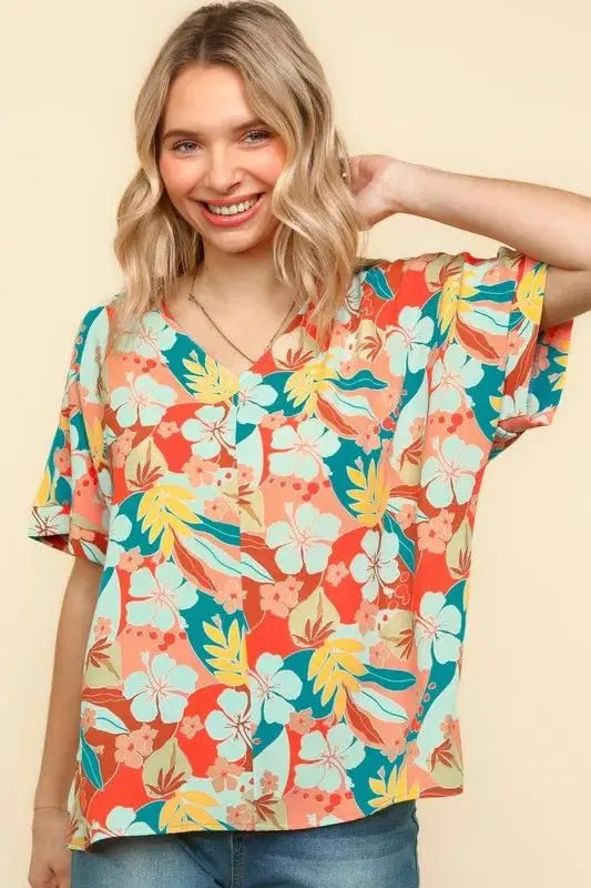 Trendsi Haptics V-Neck Top Women's Summer Hawaiian Shirt Lightweight Woven