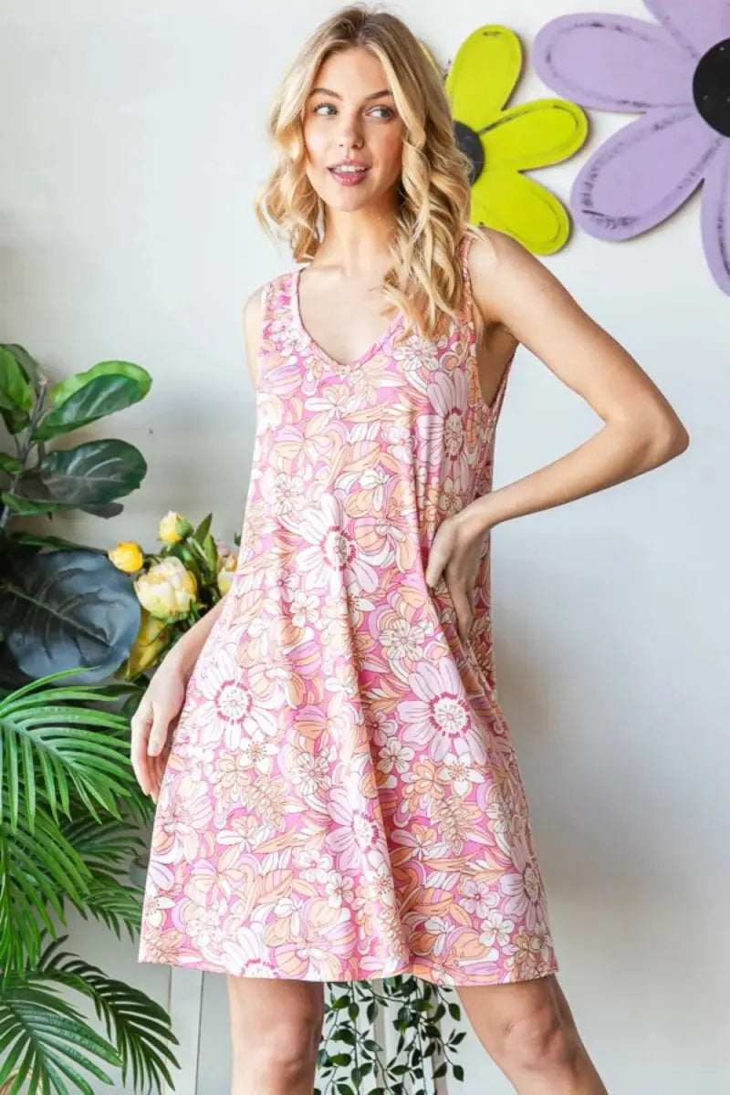 Women's Tank Dress - Floral V-Neck with Pockets - Casual