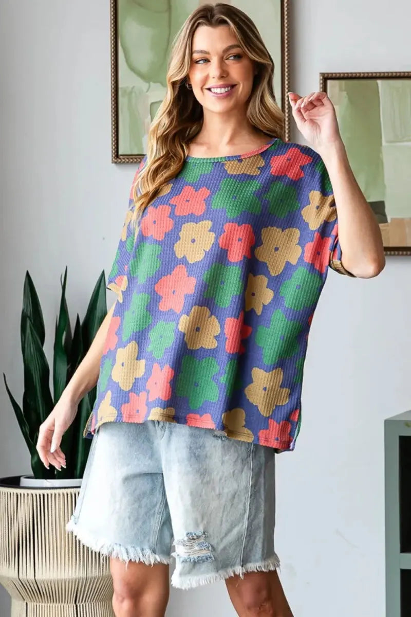Trendsi Floral Round Neck Women's Tee: Casual Everyday Side Slit T-Shirt