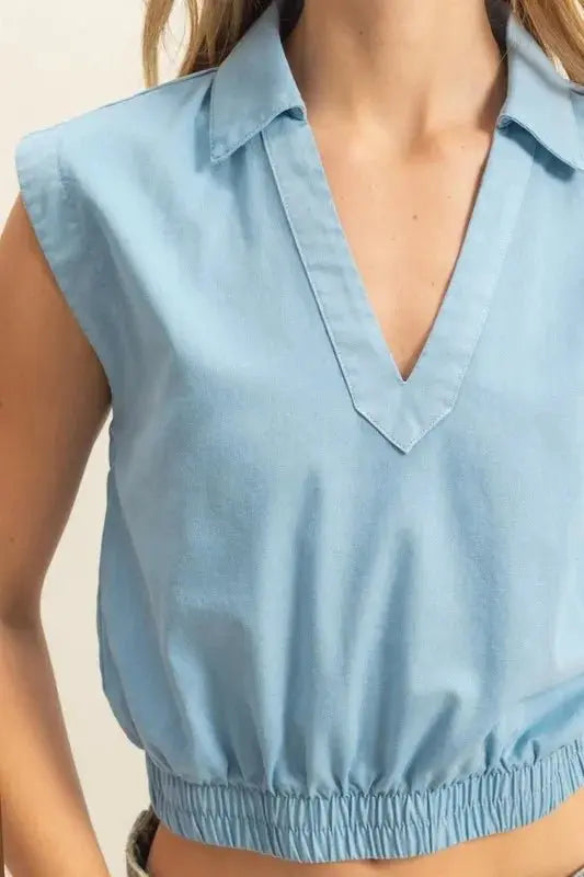 Trendsi Johnny Collar Women's Cropped Top Casual Sleeveless Blouse USA Ship