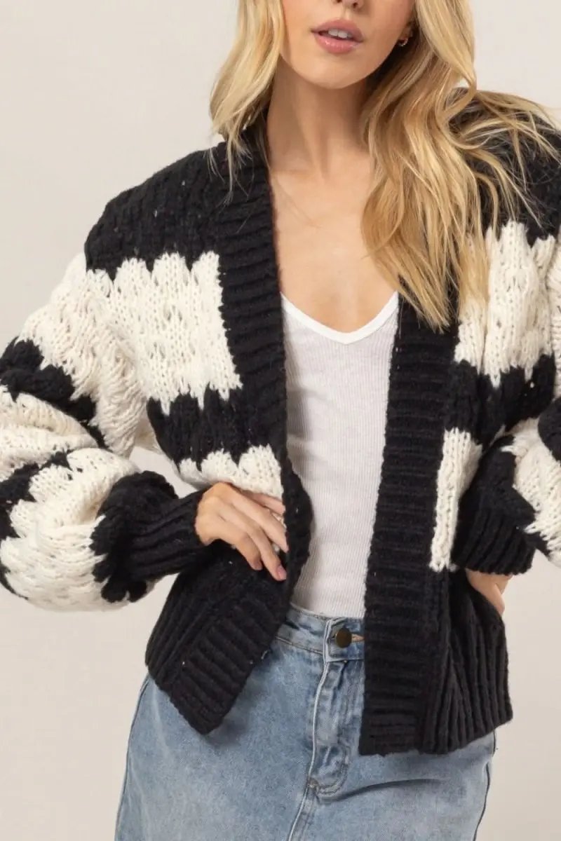 Trendsi Scallop Stripe Women's Cardigan Fall Layering Open Front Sweater Soft Knit